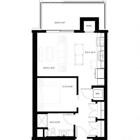 Floor plan for studio, 1 bath, 649 sqft